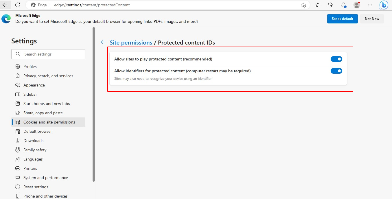 How to enable protected content on Edge for Windows? Video Hosting